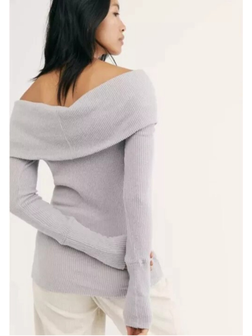 Free People We The Free Snowbunny Off Shoulder Ribbed Long Sleeve Top Sz L Grey